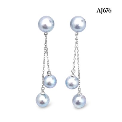 Approx. 7.0 mm and 8.0 mm, Akoya Blue Rose Pearl, Stud Pearl with Dangle Chain Twin Pearl Earrings