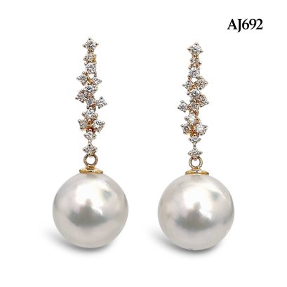 12.7 mm and 12.8 mm, White South Sea Pearl, Diamond Icicle Dangle Pearl Stud Earrings