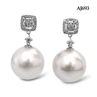 12.3 mm and 12.5 mm, White South Sea Pearl, Squre Shape Diamond Paved Dangle Pearl Stud Earrings