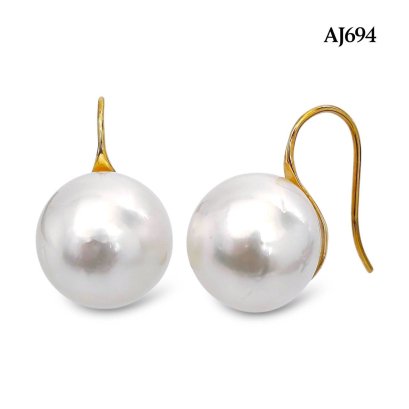 14.0 mm and 14.0 mm, White South Sea Pearl, Fish Hooks Pearl Earrings