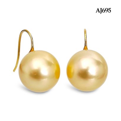 13.5 mm and 13.5 mm, Gold South Sea Pearl, Fish Hooks Pearl Earrings