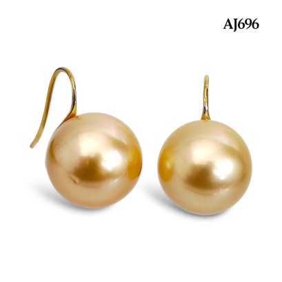 14.0 mm and 14.2 mm, Gold South Sea Pearl, Fish Hooks Pearl Earrings