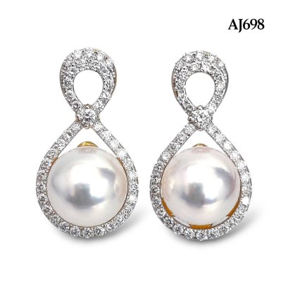 (PSL) Approx. 9.1 mm, Aurora Tennyo, Akoya Pearl, Infinity Diamond Paved Pearl Stud Earrings