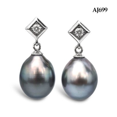 8.9 mm and 8.9 mm, Lunar Gray Lot, Tahitian Pearl, Rhombus Diamond Dangle Pearl Stud Earrings