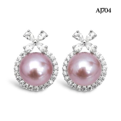 Approx. 9.0 mm, Freshwater Pearl, Pearl Halo CZ Flower Stud Earrings