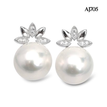 Approx. 11.0 mm, Edison Pearl, Leaves CZ Pearl Stud Earrings