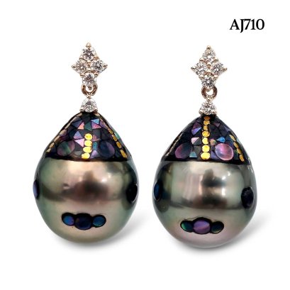 11.8 mm and 11.8 mm, Maki-e Pearl, Tahitian Pearl, Rhombus Shape Diamond Dangle Pearl Stud Earrings