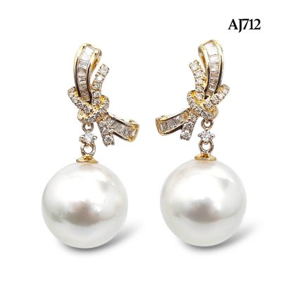 12.1 mm and 12.1 mm, White South Sea Pearl, Diamond Bow Dangle Pearl Stud Earrings