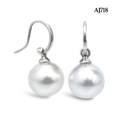 11.5 mm and 11.5 mm, White South Sea Pearl, Fish Hooks Pearl Earrings