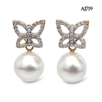 Approx. 9.0 mm up, White South Sea Pearl, Stencil Butterfly Moissanite Paved Dangle Pearl Stud Earrings
