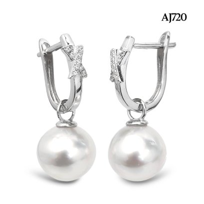 Approx. 9.0 mm, White South Sea Pearl, X Cross Latch Back Earrings with Pearl Jacket