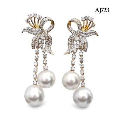 Approx. 10.0 - 11.0 mm, White South Sea Pearl, Bow Dangle Twin Pearl Stud Earrings