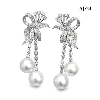 Approx. 9.0 - 10.0 mm, White South Sea Pearl, Bow Dangle Twin Pearl Stud Earrings