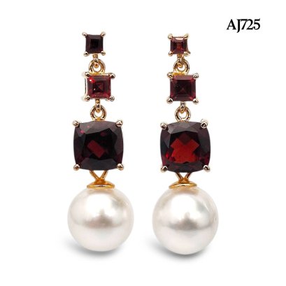 Approx. 9.0 mm, White South Sea Pearl, Triple Cushion Garnet Dangle Pearl Stud Earrings