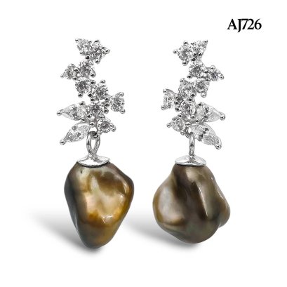 Approx. 7.0 - 8.0 mm, Tahitian Pearl, CZ Icy Dangle Pearl Stud Earrings