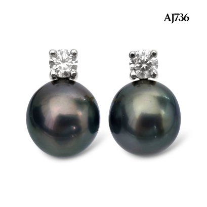 9.0 mm and 9.2 mm, Tahitian Pearl, Four Prongs Moissanite Dot Pearl Stud Earrings