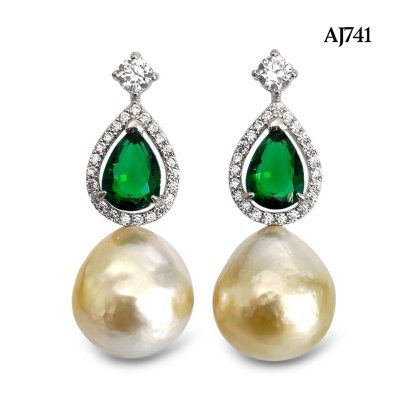 Approx. 10.0 mm up, Gold South Sea Pearl, Green CZ Drop Shape Pearl Stud Earrings