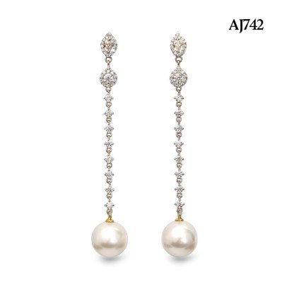 Approx. 12.0 mm, White South Sea Pearl, CZ Long Stripe Dangle Pearl Stud Earrings