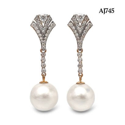 12.7 mm and 12.7 mm, White South Sea Pearl, Cabaret Moissanite Stripe Pearl Stud Earrings
