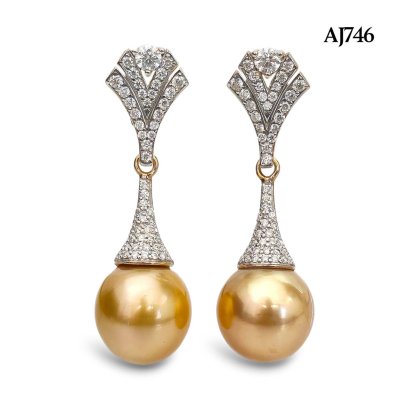 13.1 mm and 13.3 mm, Gold South Sea Pearl, Art Deco Cabaret Dangle Pearl Stud Earrings