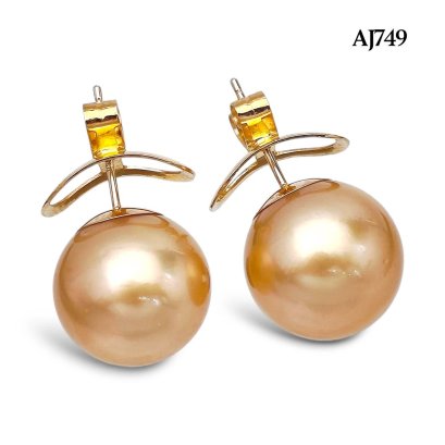 14.1 mm and 14.0 mm, Gold South Sea Pearl, Pearl Stud Earrings