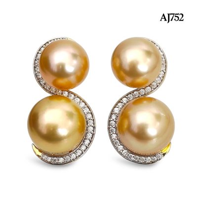11.0-11.1 and 12.6-12.7 mm, Gold South Sea Pearl, Spirit and Spiral Double Twin Pearl Stud Earrings