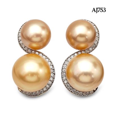 11.0 mm - 11.0 mm and 13.7 mm - 13.7 mm, Gold South Sea Pearl, Spirit and Spiral Double Twin Pearl Stud Earrings