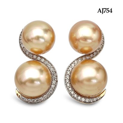 11.3 mm - 11.4 mm and 12.2 mm - 12.3 mm, Gold South Sea Pearl, Spirit and Spiral Double Twin Pearl Stud Earrings