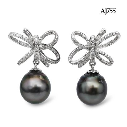 12.5 mm and 12.6 mm, Tahitian Pearl, Bow Moissanite Paved Pearl Stud Earrings