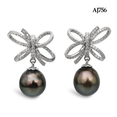 11.8 mm and 11.9 mm, Tahitian Pearl, Bow Moissanite Paved Dangle Pearl Stud Earrings