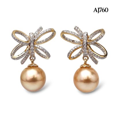 Approx 11.0 mm, Gold South Sea Pearl, Bow Moissanite Paved Dangle Pearl Stud Earrings