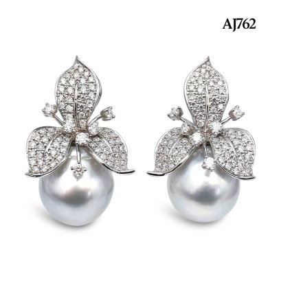 14.4 mm and 14.5 mm, White South Sea Pearl, Lilly Pearl Stud Earring with Omega Earring Backs
