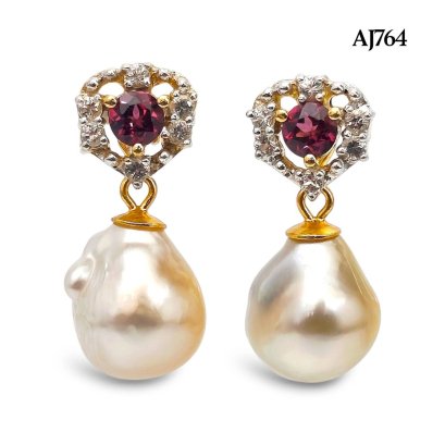 Approx. 9.0 - 10.0 mm, Gold South Sea Pearl, Garnet Halo Topaz Dangle Pearl Stud Earrings
