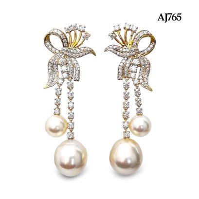 7.7-7.8 and 11.3-11.4 mm, Akoya and South Sea Pearl, Bow Moissanite Paved Dangle Twin Pearl Stud Earrings