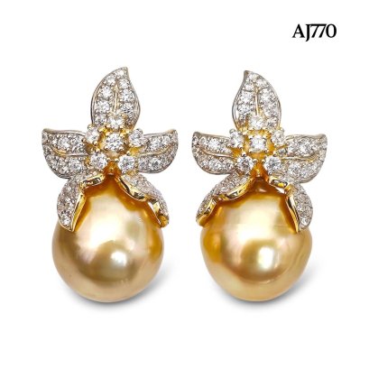 13.4 mm and 13.4 mm, Gold South Sea Pearl, Orchid CZ Paved Pearl Stud Earrings
