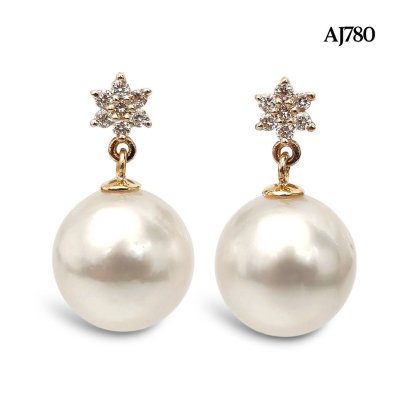 10.2 mm and 10.2 mm, White South Sea Pearl, Star Diamond Dangle Pearl Stud Earrings
