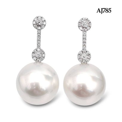 14.2 mm and 14.4 mm, White South Sea Pearl, Art Deco (Dumbbell) Pearl Stud Earrings