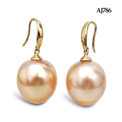 13.4 mm and 13.4 mm, Gold South Sea Pearl, Fish Hooks Pearl Earrings