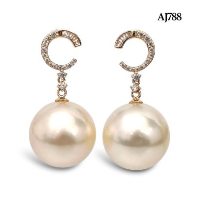 14.0 mm and 14.2 mm, Gold South Sea Pearl, C CZ Dangle Pearl Stud Earrings