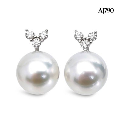 Approx. 9.0 mm, White South Sea Pearl, Three Stones CZ Pearl Stud Earrings