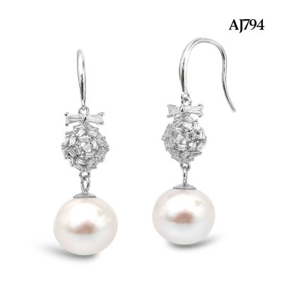 Approx. 10.0 mm, Edison Pearl, Cherry CZ Paved Dangle Pearl Fish Hooks Earrings