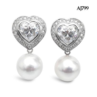Approx.12.0 mm, White South Sea Pearl, Heart Shape Moissanite Halo Dangle Pearl Stud Earrings
