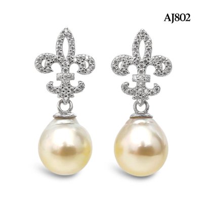 Approx. 9.0 mm up, Gold South Sea Pearl, Fleur de lis CZ Paved Dangle Pearl Stud Earrings