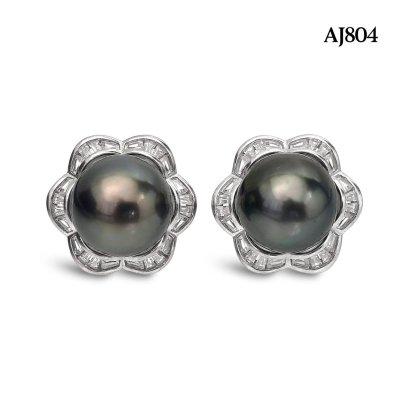 Approx. 10.0 mm, Tahitian Pearl, Solitaire Pearl Halo Flower CZ Stud Earrings