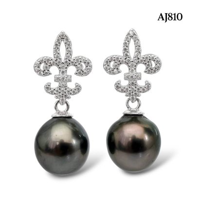 Approx. 9.0 mm, Tahitian Pearl, Fleur De Lis Dangle Pearl Stud Earrings