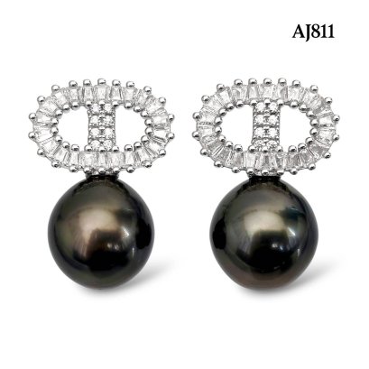 Approx. 10.0 mm, Tahitian Pearl, CD CZ Pearl Stud Earrings