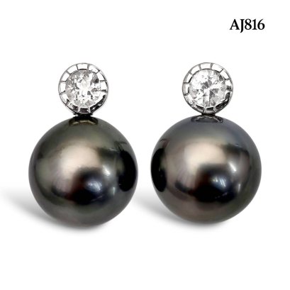 11.8 mm and 11.9 mm, Tahitian Pearl, CZ Dot Pearl Stud Earrings