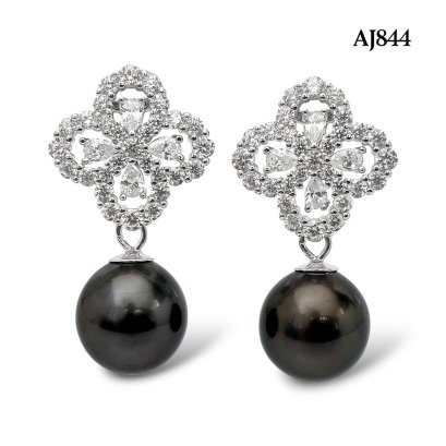 Approx. 10.0 mm, Tahitian Pearl, Flower CZ Dangle Pearl Stud Earrings