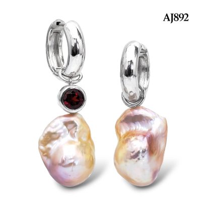 Approx. 12.0 - 14.0 mm, Freshwater Pearl, Huggie Earrings with Dangle Pearl and Single Garnet Pearl