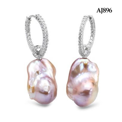 Approx. 12.0 - 14.0 mm, Freshwater Pearl, Hoop CZ Paved with Pearl Jacket Earrings